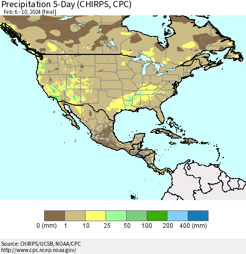 North America Precipitation 5-Day (CHIRPS) Thematic Map For 2/6/2024 - 2/10/2024