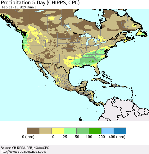 North America Precipitation 5-Day (CHIRPS) Thematic Map For 2/11/2024 - 2/15/2024