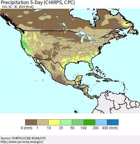 North America Precipitation 5-Day (CHIRPS) Thematic Map For 2/16/2024 - 2/20/2024