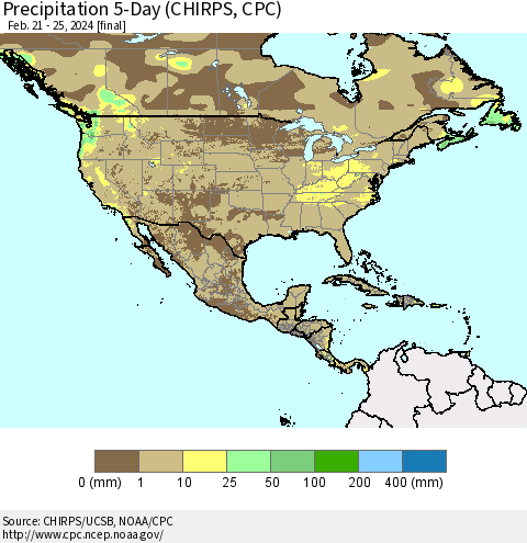 North America Precipitation 5-Day (CHIRPS) Thematic Map For 2/21/2024 - 2/25/2024