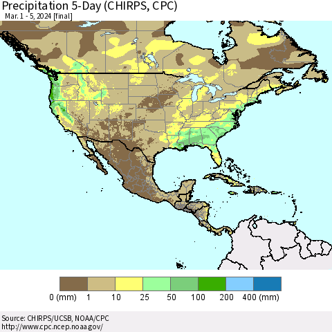 North America Precipitation 5-Day (CHIRPS) Thematic Map For 3/1/2024 - 3/5/2024