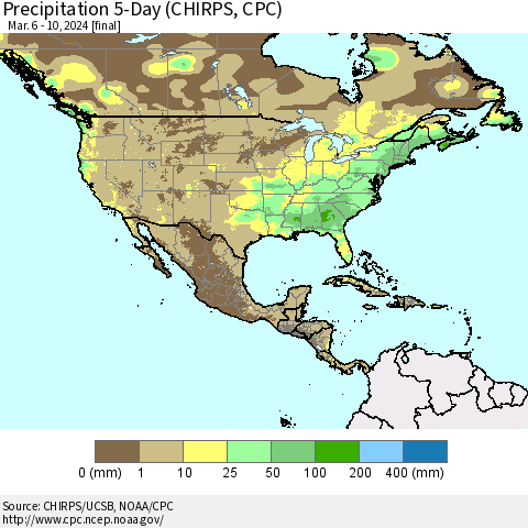North America Precipitation 5-Day (CHIRPS) Thematic Map For 3/6/2024 - 3/10/2024