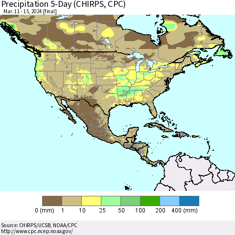North America Precipitation 5-Day (CHIRPS) Thematic Map For 3/11/2024 - 3/15/2024