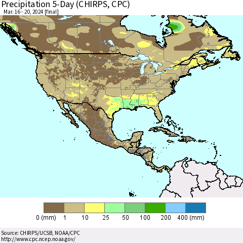 North America Precipitation 5-Day (CHIRPS) Thematic Map For 3/16/2024 - 3/20/2024