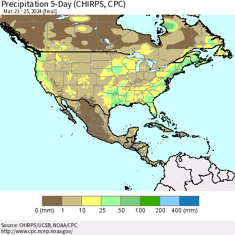 North America Precipitation 5-Day (CHIRPS) Thematic Map For 3/21/2024 - 3/25/2024