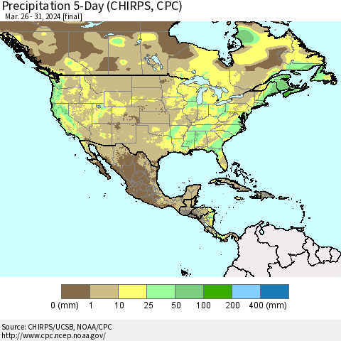 North America Precipitation 5-Day (CHIRPS) Thematic Map For 3/26/2024 - 3/31/2024