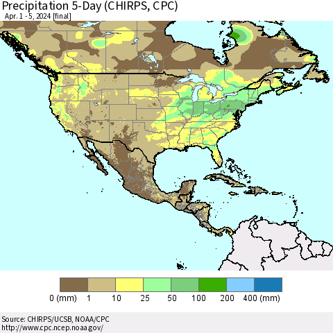 North America Precipitation 5-Day (CHIRPS) Thematic Map For 4/1/2024 - 4/5/2024