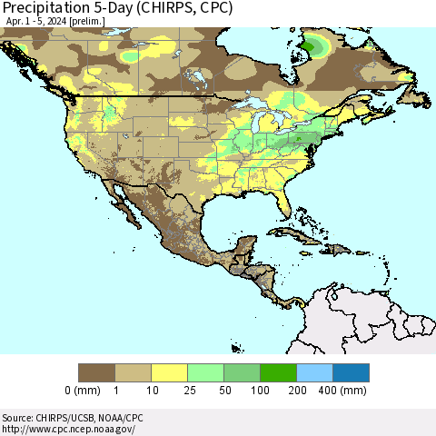 North America Precipitation 5-Day (CHIRPS) Thematic Map For 4/1/2024 - 4/5/2024