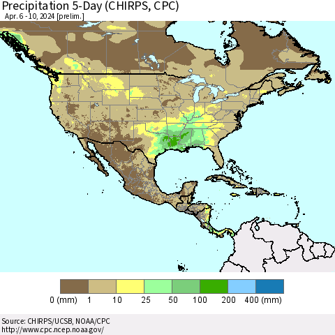 North America Precipitation 5-Day (CHIRPS) Thematic Map For 4/6/2024 - 4/10/2024