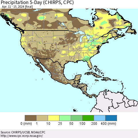 North America Precipitation 5-Day (CHIRPS) Thematic Map For 4/11/2024 - 4/15/2024