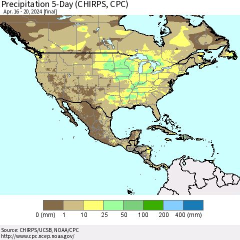 North America Precipitation 5-Day (CHIRPS) Thematic Map For 4/16/2024 - 4/20/2024