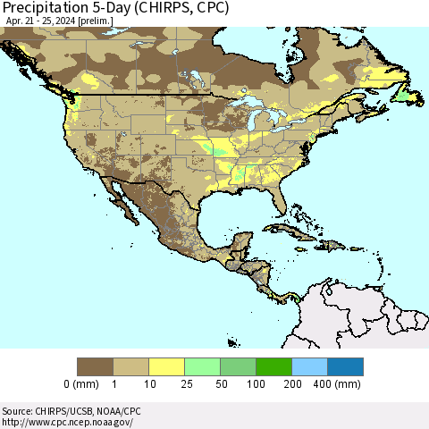 North America Precipitation 5-Day (CHIRPS) Thematic Map For 4/21/2024 - 4/25/2024