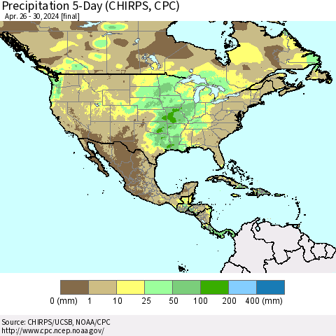 North America Precipitation 5-Day (CHIRPS) Thematic Map For 4/26/2024 - 4/30/2024