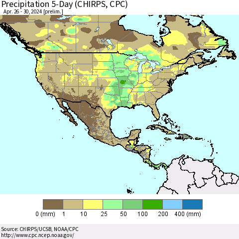 North America Precipitation 5-Day (CHIRPS) Thematic Map For 4/26/2024 - 4/30/2024