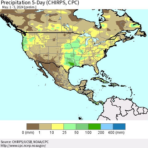 North America Precipitation 5-Day (CHIRPS) Thematic Map For 5/1/2024 - 5/5/2024