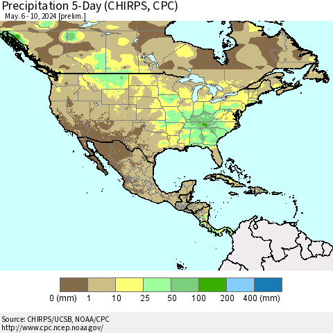 North America Precipitation 5-Day (CHIRPS) Thematic Map For 5/6/2024 - 5/10/2024