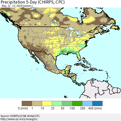 North America Precipitation 5-Day (CHIRPS) Thematic Map For 5/11/2024 - 5/15/2024