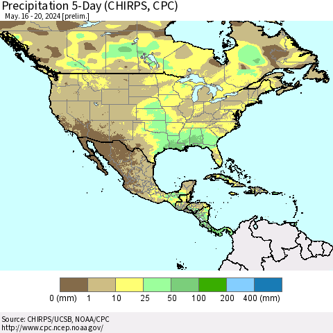North America Precipitation 5-Day (CHIRPS) Thematic Map For 5/16/2024 - 5/20/2024