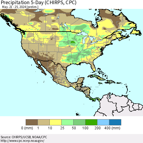 North America Precipitation 5-Day (CHIRPS) Thematic Map For 5/21/2024 - 5/25/2024
