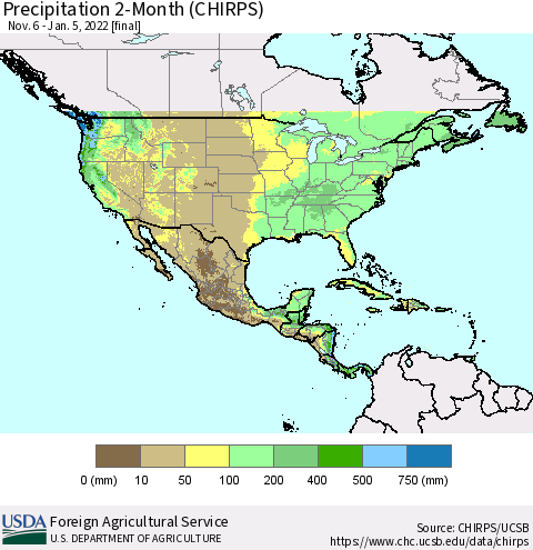 North America Precipitation 2-Month (CHIRPS) Thematic Map For 11/6/2021 - 1/5/2022