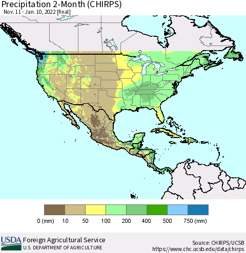 North America Precipitation 2-Month (CHIRPS) Thematic Map For 11/11/2021 - 1/10/2022