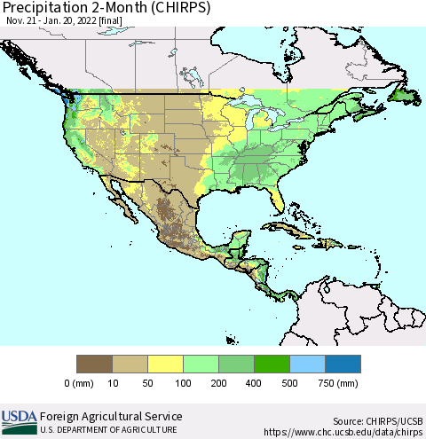 North America Precipitation 2-Month (CHIRPS) Thematic Map For 11/21/2021 - 1/20/2022