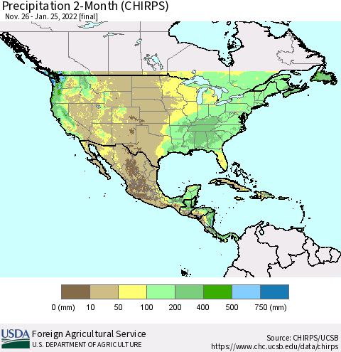 North America Precipitation 2-Month (CHIRPS) Thematic Map For 11/26/2021 - 1/25/2022