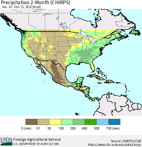 North America Precipitation 2-Month (CHIRPS) Thematic Map For 12/16/2021 - 2/15/2022