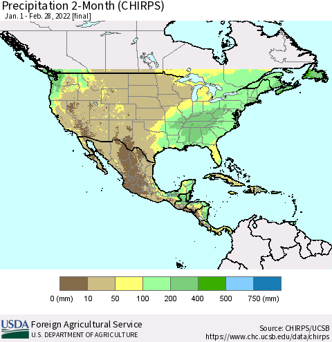 North America Precipitation 2-Month (CHIRPS) Thematic Map For 1/1/2022 - 2/28/2022