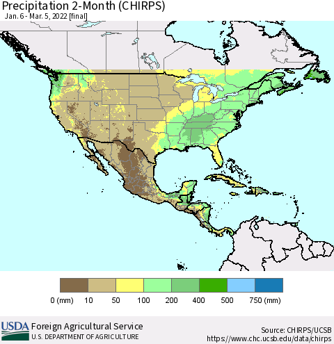 North America Precipitation 2-Month (CHIRPS) Thematic Map For 1/6/2022 - 3/5/2022