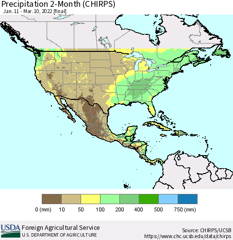 North America Precipitation 2-Month (CHIRPS) Thematic Map For 1/11/2022 - 3/10/2022
