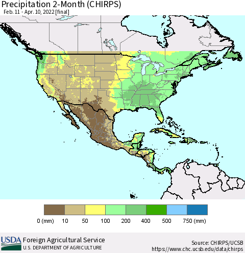 North America Precipitation 2-Month (CHIRPS) Thematic Map For 2/11/2022 - 4/10/2022
