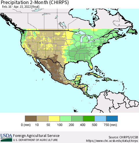 North America Precipitation 2-Month (CHIRPS) Thematic Map For 2/16/2022 - 4/15/2022