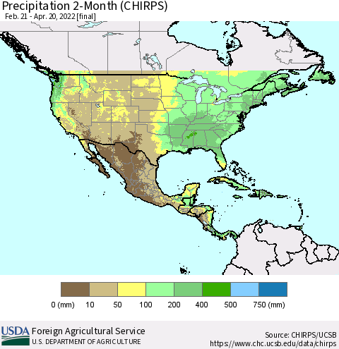 North America Precipitation 2-Month (CHIRPS) Thematic Map For 2/21/2022 - 4/20/2022