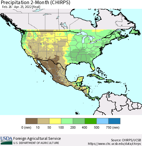 North America Precipitation 2-Month (CHIRPS) Thematic Map For 2/26/2022 - 4/25/2022
