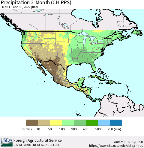 North America Precipitation 2-Month (CHIRPS) Thematic Map For 3/1/2022 - 4/30/2022