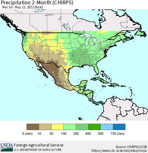 North America Precipitation 2-Month (CHIRPS) Thematic Map For 3/16/2022 - 5/15/2022