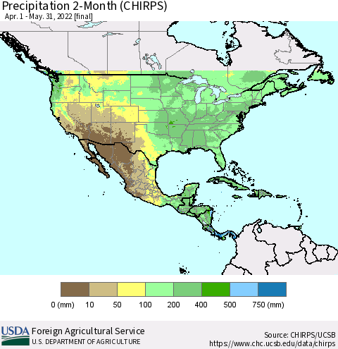 North America Precipitation 2-Month (CHIRPS) Thematic Map For 4/1/2022 - 5/31/2022