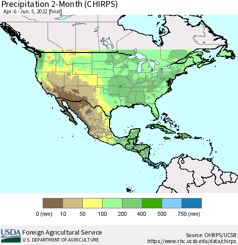 North America Precipitation 2-Month (CHIRPS) Thematic Map For 4/6/2022 - 6/5/2022