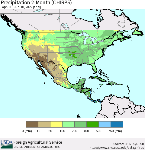 North America Precipitation 2-Month (CHIRPS) Thematic Map For 4/11/2022 - 6/10/2022