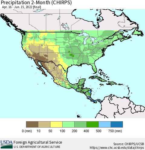 North America Precipitation 2-Month (CHIRPS) Thematic Map For 4/16/2022 - 6/15/2022