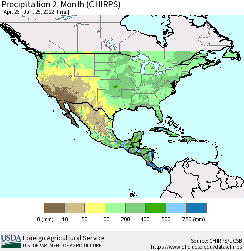 North America Precipitation 2-Month (CHIRPS) Thematic Map For 4/26/2022 - 6/25/2022