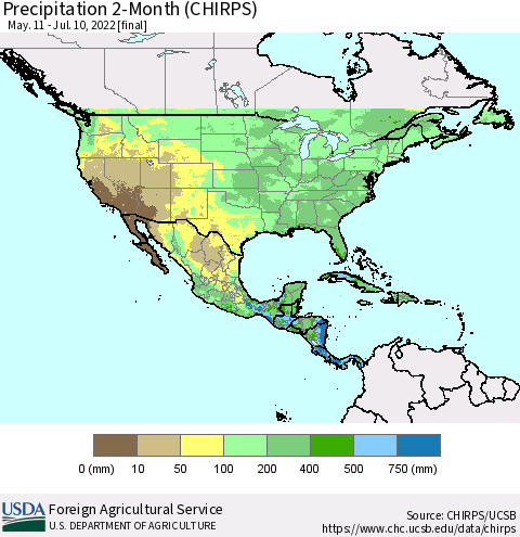North America Precipitation 2-Month (CHIRPS) Thematic Map For 5/11/2022 - 7/10/2022