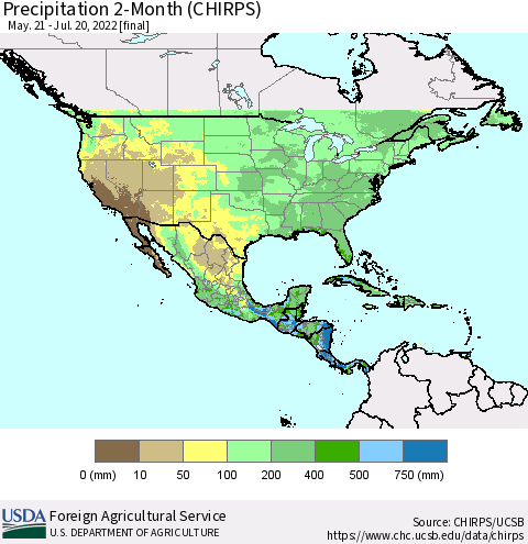 North America Precipitation 2-Month (CHIRPS) Thematic Map For 5/21/2022 - 7/20/2022