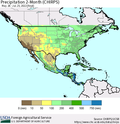 North America Precipitation 2-Month (CHIRPS) Thematic Map For 5/26/2022 - 7/25/2022