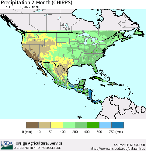 North America Precipitation 2-Month (CHIRPS) Thematic Map For 6/1/2022 - 7/31/2022