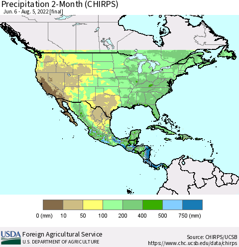 North America Precipitation 2-Month (CHIRPS) Thematic Map For 6/6/2022 - 8/5/2022