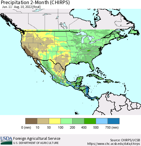 North America Precipitation 2-Month (CHIRPS) Thematic Map For 6/11/2022 - 8/10/2022