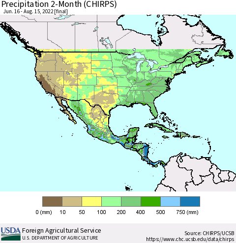 North America Precipitation 2-Month (CHIRPS) Thematic Map For 6/16/2022 - 8/15/2022