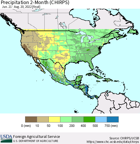 North America Precipitation 2-Month (CHIRPS) Thematic Map For 6/21/2022 - 8/20/2022
